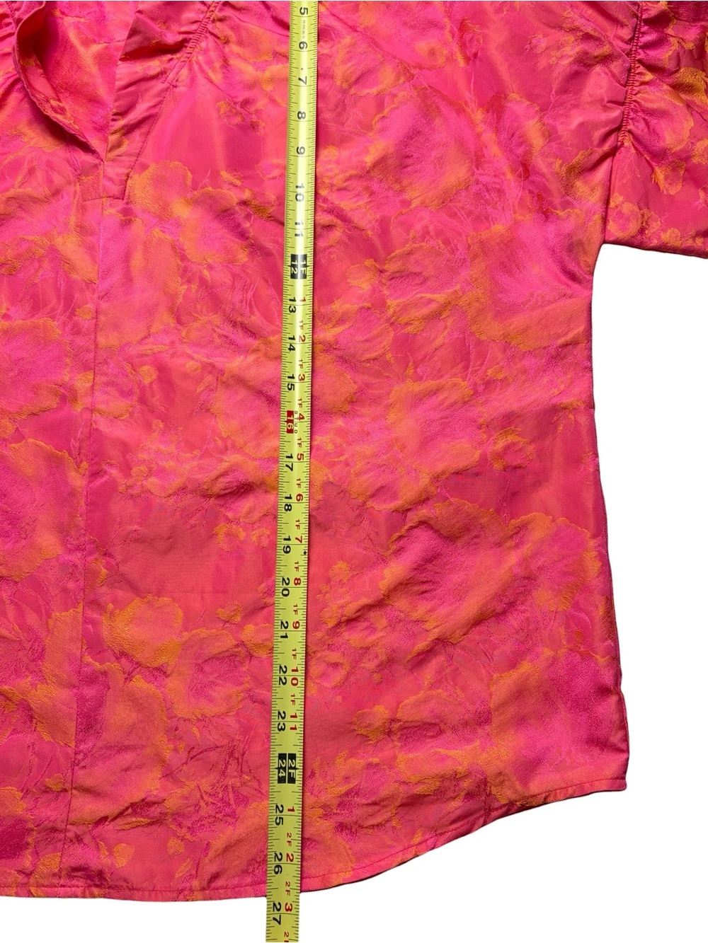Finley Crosby Top Neon Rose Floral Jacquard Ruffle Neck Blouse Pink Orange L - Picture 9 of 11